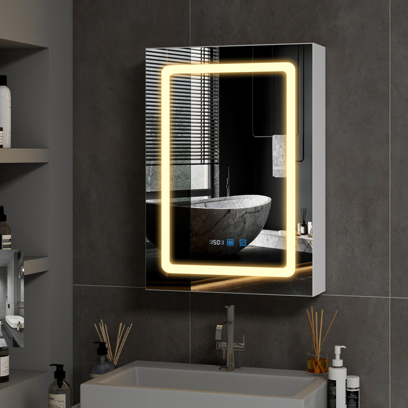 LED Bathroom Mirror Cabinet with Charging, Bathroom Storage Cupboard with Adjustable Shelves, White, 50cm