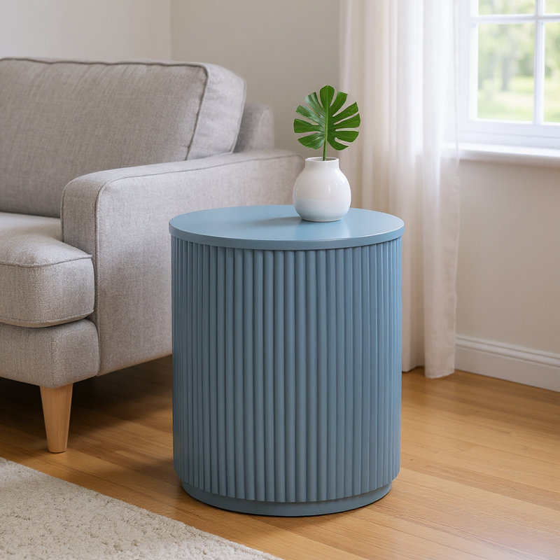 Round Blue Solid Wood Accent_End Table, Blue