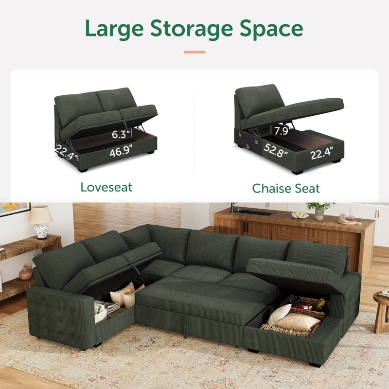 Brunella U-shaped Corduroy Sectional Sleeper Sofa Pull Out Sofa Bed, Green Corduroy