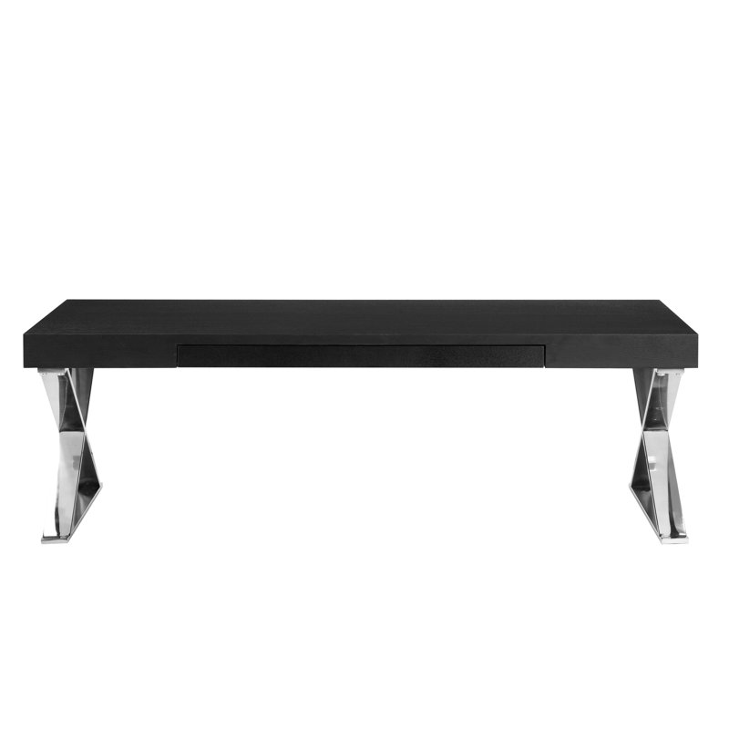 Pangea Home Alexa Cross Legs Modern Coffee Table with Storage - High Gloss or Wood Veneer Rectangular Coffee Table with Steel Metal Legs, Contemporary Living Room Centerpiece - Black Coffee Table