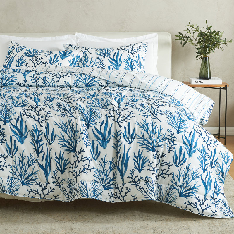 Twin Navy Sea Coral Print Reversible Microfiber Comforter Set