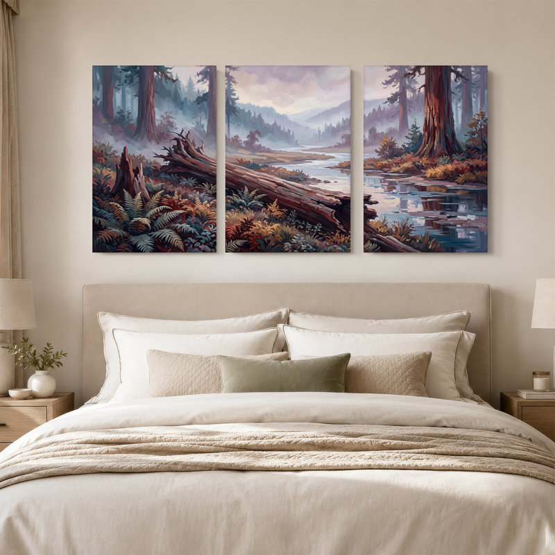 Forêt, rivière, bûche tombée et montagnes, ensemble de 3 toiles, 18"H x 12"W x 3pcs