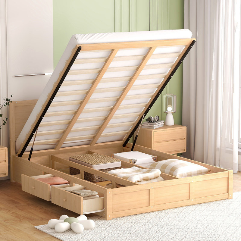 Lit plateforme en bois avec rangement inférieur et 2 tiroirs, Grand lit