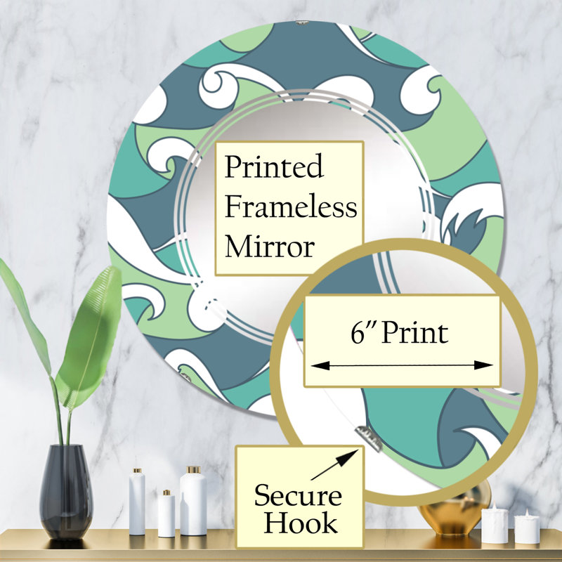 Vagues abstraites vertes et bleues - Miroir mural à motif rond, 32 po x 32 po