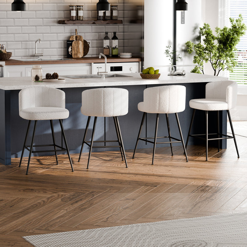25.3" H Modern Counter & Bar Stool with Large Seat and Back, White Boucle, White