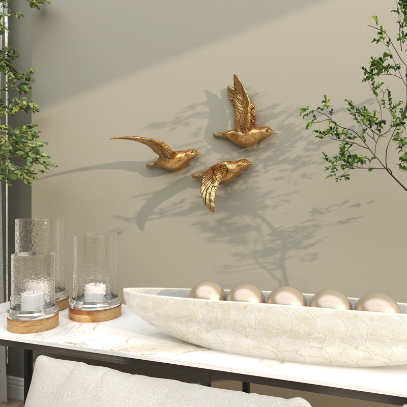 Polystone Metallic 3D Floating Bird Home Wall Decor Set of 3, 10" H X 10" W X 3" D, Gold