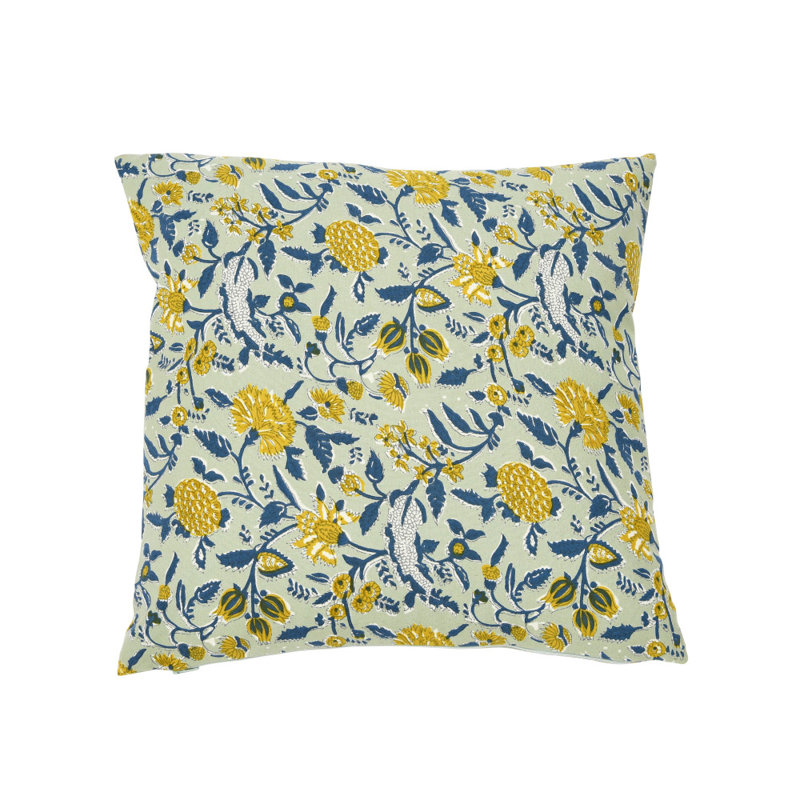 Square Embroidered Cotton Pillow with Floral Pattern