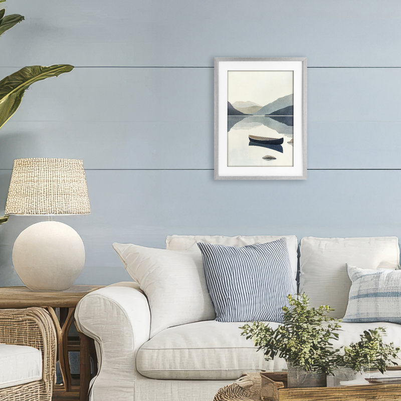 «Silent Shore with Boat», reproduction encadrée sous verre, conception de Mona Grace, H 20 po x l 14 po, Cadre de ferme gris