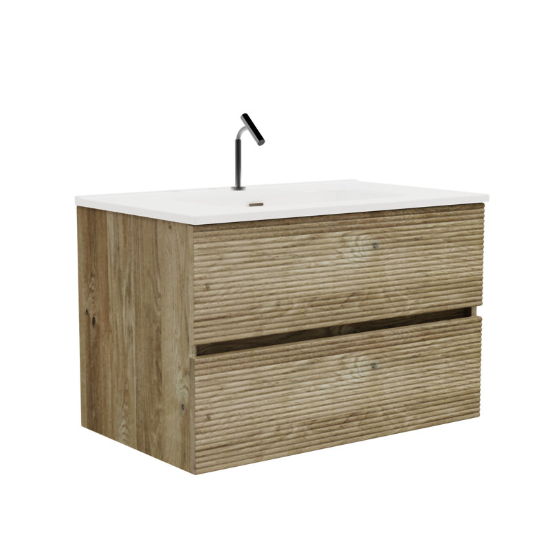 Gloria 30" Wall Mounted Soft  & Walnut Bathroom Vanity With Integrated Ceramic Sink With Overflow, Oak