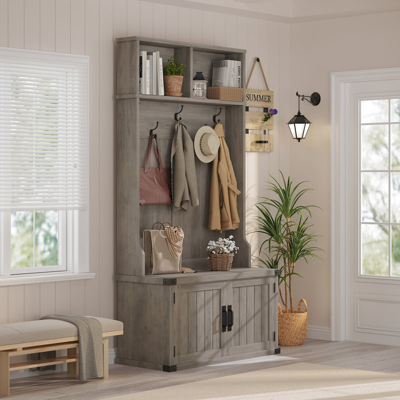 Porte-manteau extra large de style ferme avec banc, 195 cm (77 po), armoire de rangement pour chaussures, 5 crochets doubles, étagères réglables, gris