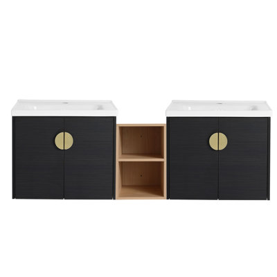 Black Chestnut Bathroom Cabinet 60" With Sink And Shelf - Wall Mounted, Modern 60 Inch Vanity Cupboard Finish