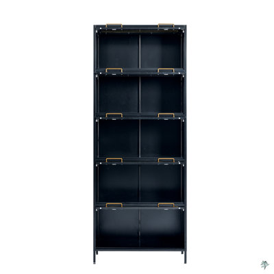 Iron Display Cabinet With Glass Doors, 5-Tier Steel Barister Bookcase With LED Lights