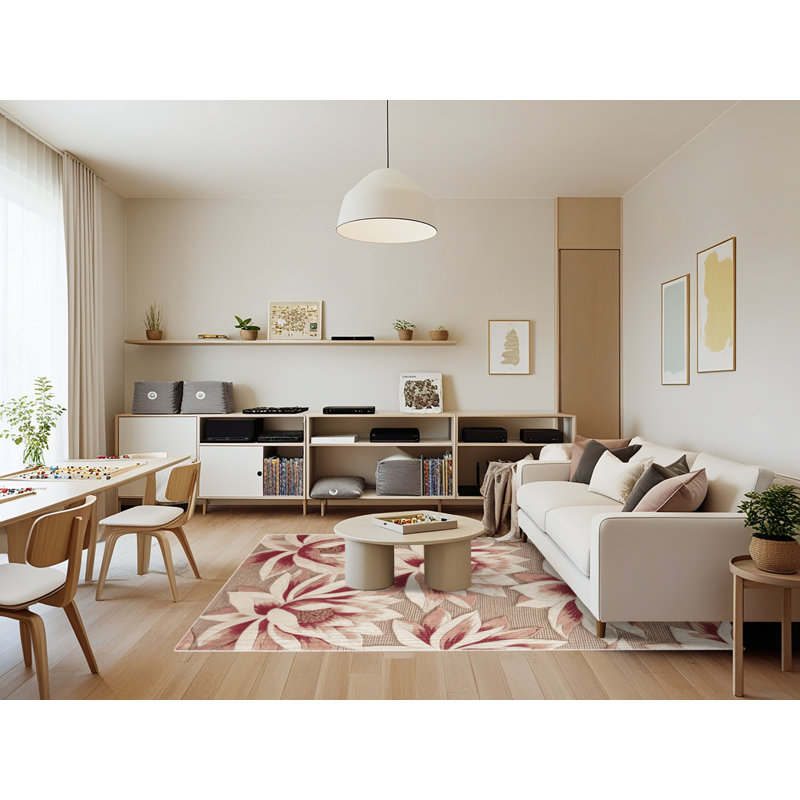 Tapis botanique beige lavable à la machine, Rectangle 7 pi x 9 pi