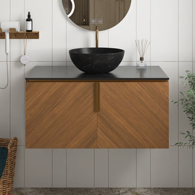 Meuble-lavabo en contreplaqué et meuble-lavabo, armoire de rangement flottante pour salle de bain avec portes doubles, comptoir en pierre frittée noire et cuve en céramique noire avec motif en pierre, couleur grain de bois de chêne brun