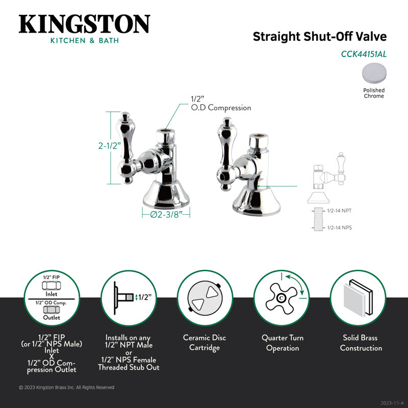 Kingston Brass Trimscape 1/2-Inch FIP x 1/2-Inch OD Comp Quarter-Turn Straight Stop Valve, Chrome