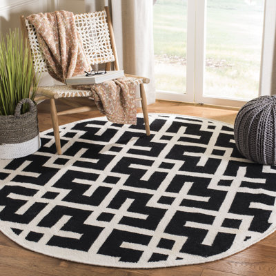Rodgers Hand Woven Flat Weave Wool/Cotton Geometric Rug in Black/Ivory