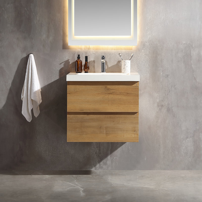 Meuble-lavabo suspendu avec lavabo en porcelaine et comptoir en surface solide, meuble-lavabo mural en MDF avec 2 tiroirs à fermeture douce, préassemblé, 24 po/30 po/36 po