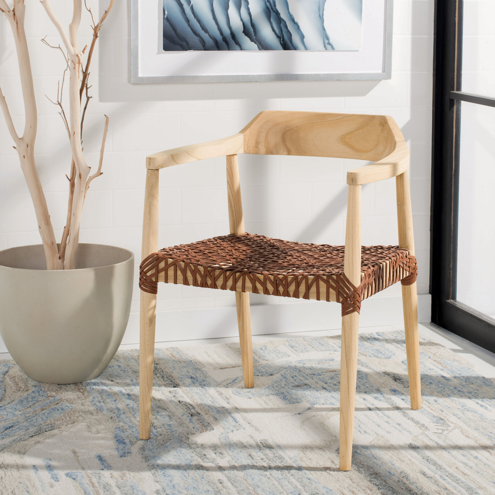 Bruna Teak Dining Armchair, Light Honey, Brown Genuine Leather