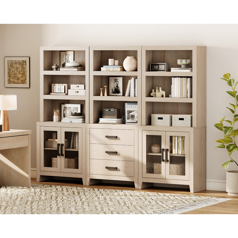 74" Tall  Bookshelf With Glass Doors And Drawers, Farmhouse Bookcase With Adjustable Shelves, Versatile Hutch Cabinet For Living Room, Home Office, Library, Beige