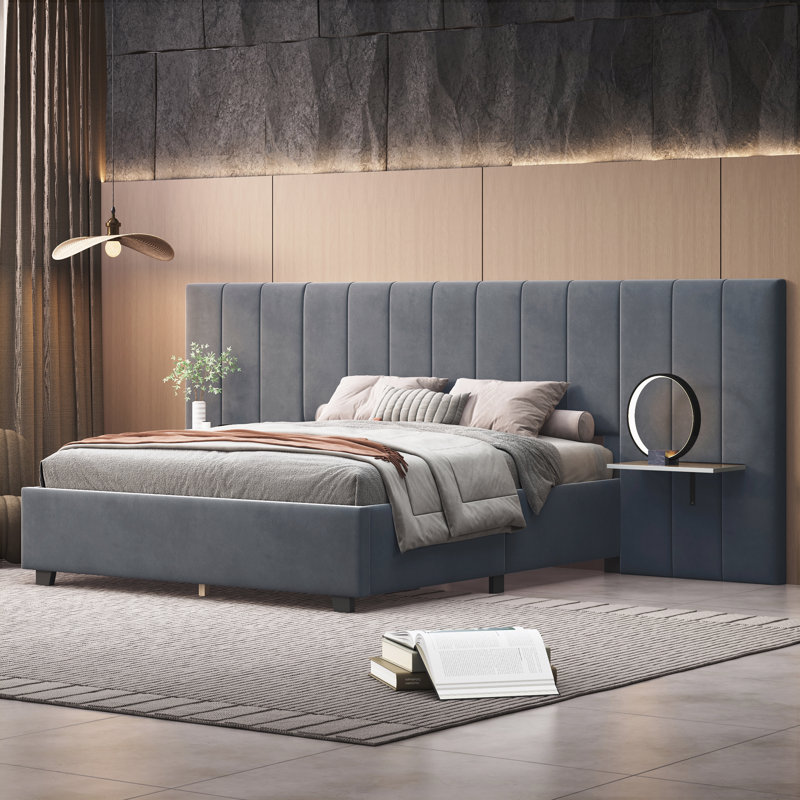 Upholstered Panel Headboard Bed With 2 Shelves, Queen, Gray