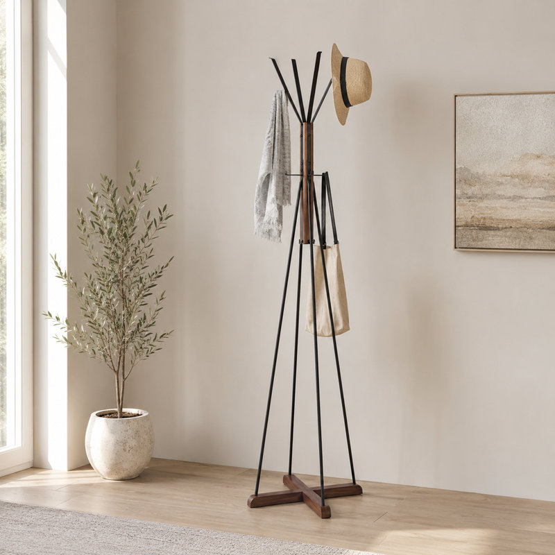 Portemanteau autoportant avec finition grain de bois, portemanteau multifonctionnel, pour chambre à coucher dans un vestibule, structure en métal noir