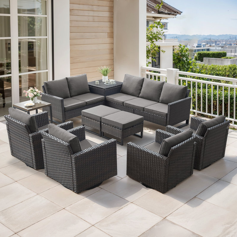 Ingvald 9 Person Outdoor Patio Wicker Family Conversation Set Group With Swivel Chairs And Storage, Gray