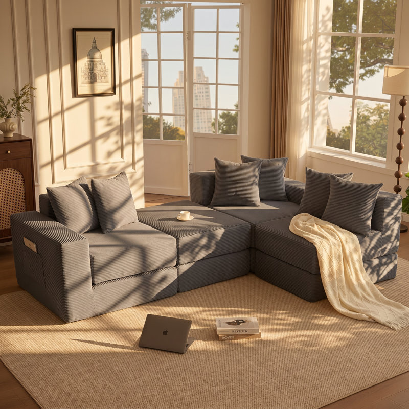 Everette 102" W x 63" D x 31" H Corduroy 4-Seat Convertible Modular Sofa Sectional, Does Not Apply, Gray Corduroy