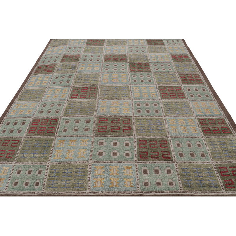 Rug & Kilim’S Scandinavian Rug In Blue And Green With Geometric Patterns, Rectangle 10' x 14'