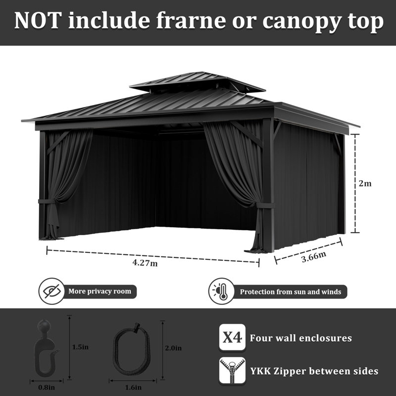 4-Panels Sidewall Curtains For Gazebo, Only Curtains, 78.74" H x 168" W x 144" D, Black