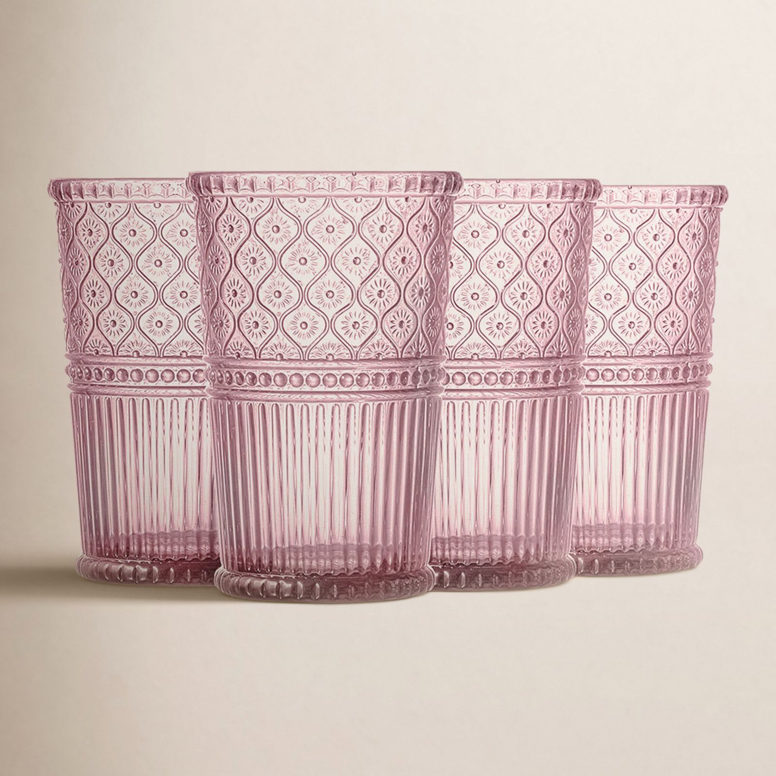 Claro Ribbed Crystal Drinking Glass, Pink
