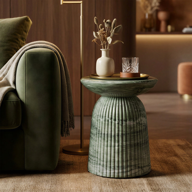 Tithi Stylish Decorative End Table with Green Marble Effect Stone Elegant Interiors for Indoor and Outdoor Spaces