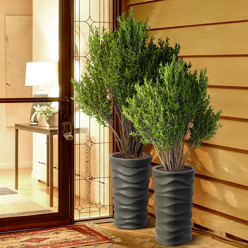 2-Piece Modern Style Outdoor Planters For Porch, Indoor Wavy Handmade Pot Planter Set, Mgo Flower Pots, Balcony Large Pot Planters, Black\White