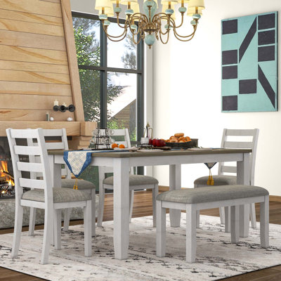 Rustic Style 6-Piece Dining Room Table Set with 4 Upholstered Chairs & a Bench
