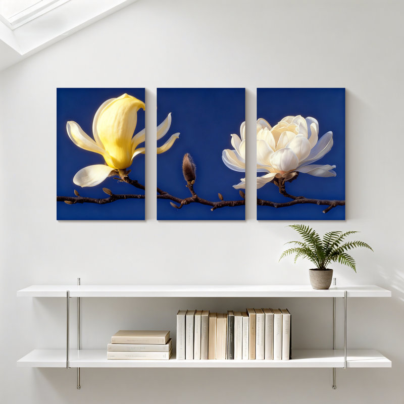 Magnolia fleur de magnolia sur fond bleu, ensemble de 3 impressions sur toile, H 36 po x l 72 po