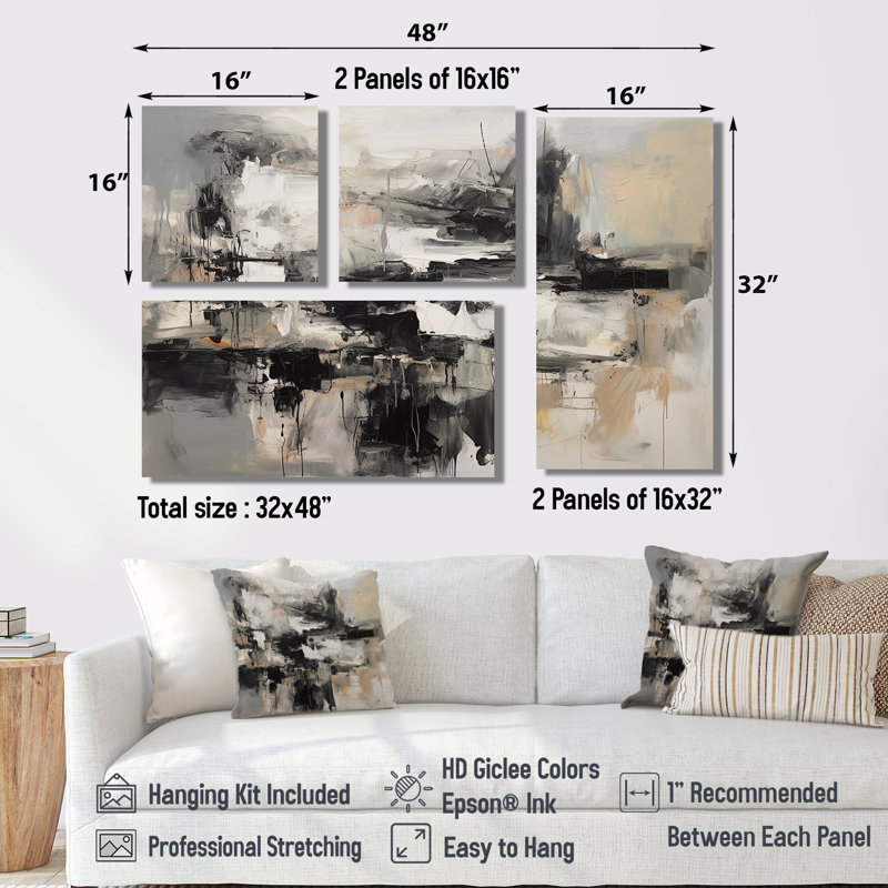 Gris intérieur noir de mondes de marbre II - Décoration murale géométrique abstraite 4 pièces, Noir