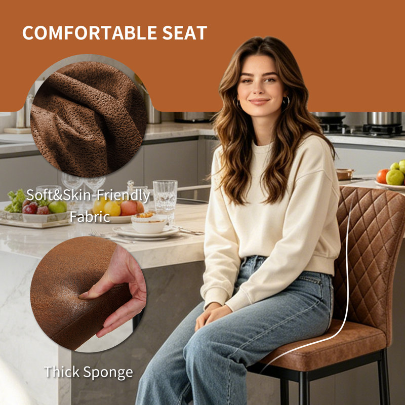 Velvet/Suede Fixed Height Bar Stool With Diamond Tufted Back   , 2, Suede Brown