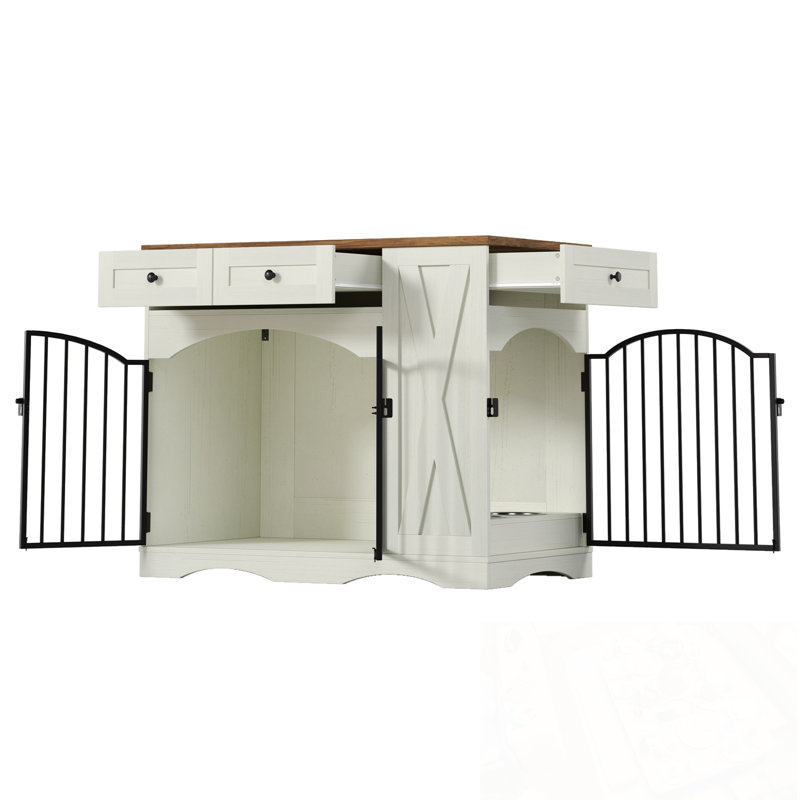 Cage pour chien avec 3 tiroirs et mangeoire amovible, Beige et brun
