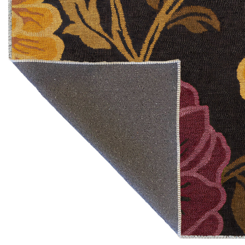 Tapis décoratif noir multicolore à motif floral et rose, Rectangle 3 pi 9,81 po x 4 pi 11,06 po