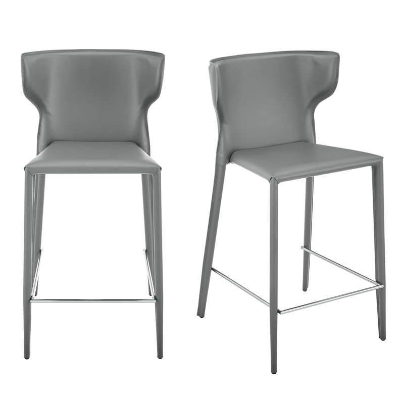 Divinia Bar Stool In Gray Regenerated Leather - Set Of 2, Gray, Counter Stool (24” Seat Height)