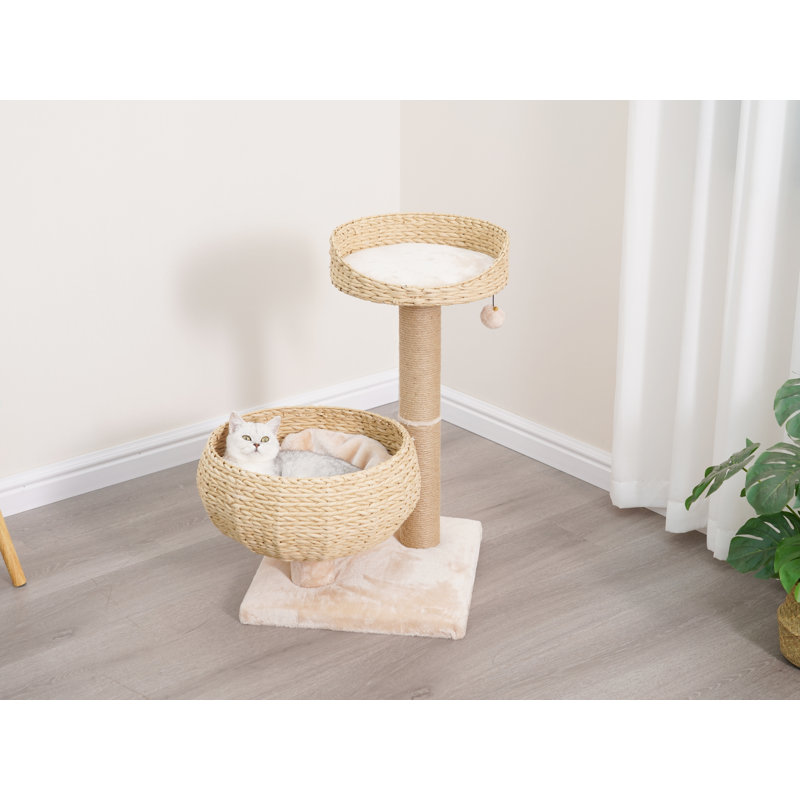 PetPals Handwoven Cat Tree with Perches Scratching Post, 17" W x 29" H x 18" D, Cream/Beige