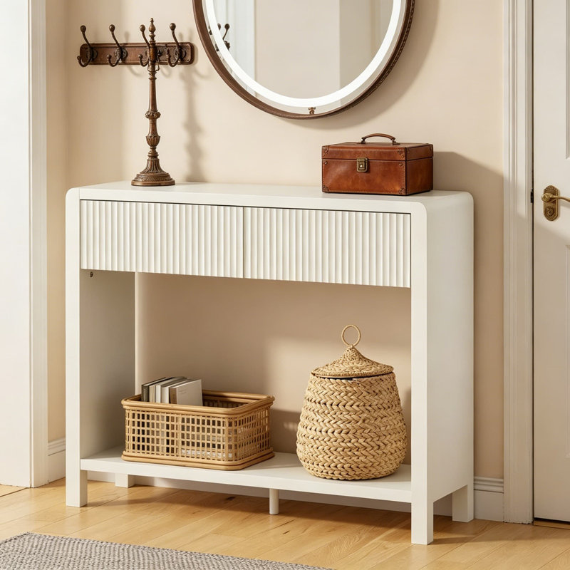 Console étroite avec 2 tiroirs et tablettes, canapé moderne de 39,37 pouces pour vestibule, couloir, salon, chambre à coucher, vestibule, grain de bois blanc antique
