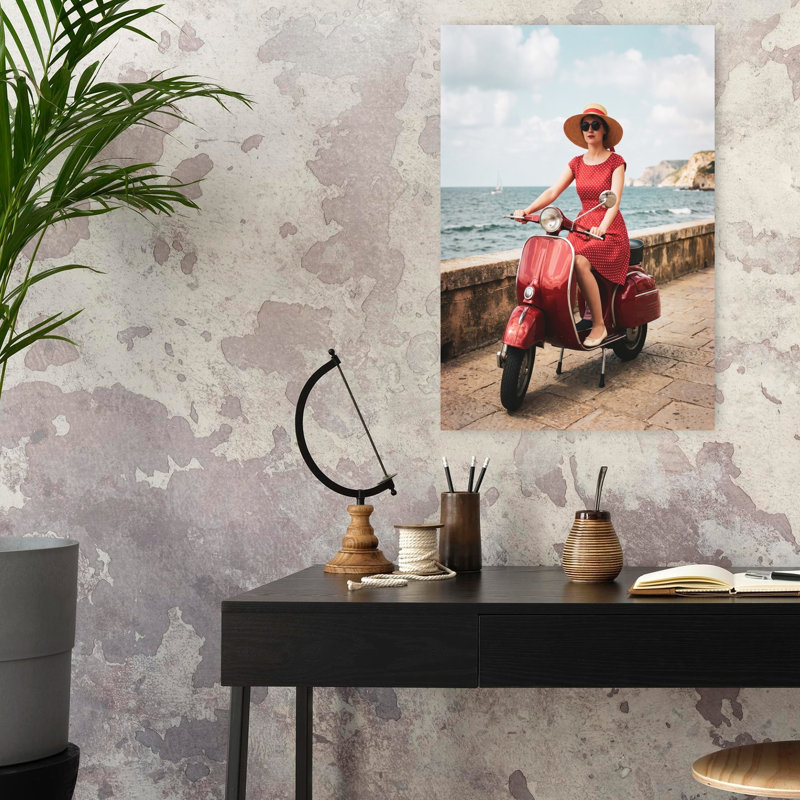 The Girl On the Red Scooter 1 Piece Wrapped Canvas Wall Art, 60.96 cm H x 40.64 cm W, Red/Blue