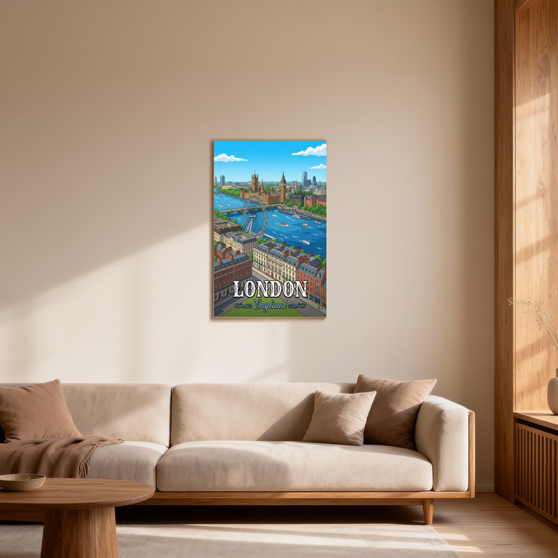 Paysages pittoresques et urbains de Londres avec rivière et points d'intérêt, H 48 po x l 32 po