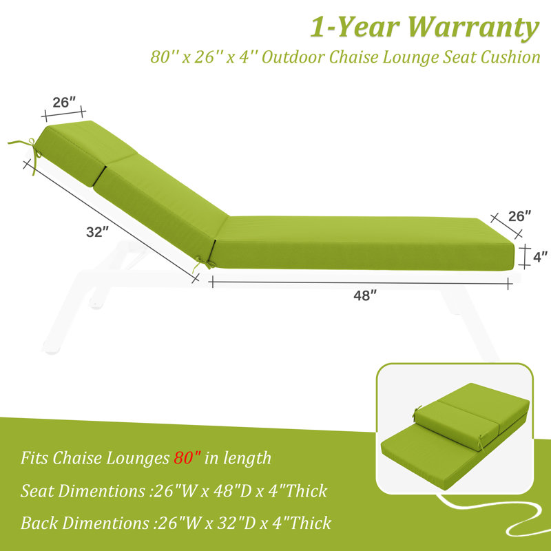 1-Piece Outdoor Chaise Lounge Chair Cushion, 80"X26"X4", Grass Green