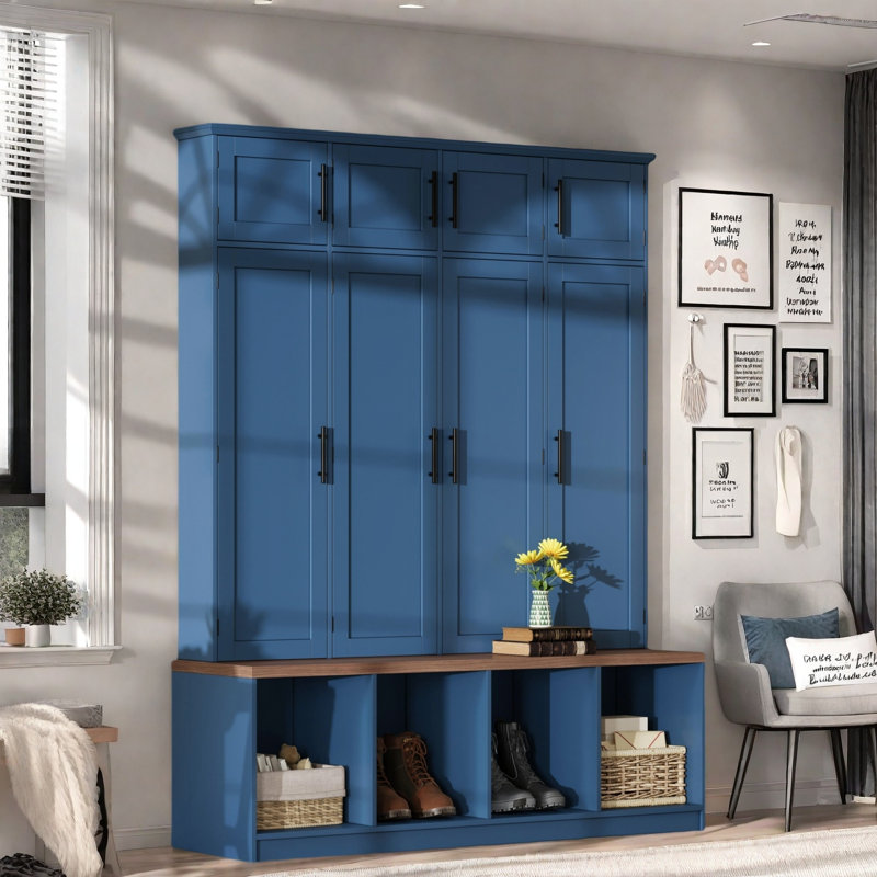 Farmhouse Hall Tree With 4 Hidden Hanging Hooks, 8 Doors, Seating Bench And Shoe Cabinet, Blue