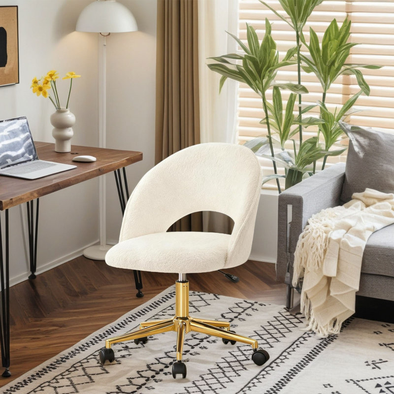Hollow-Out Back Leisure Upholstered Accent Chair with Gold Metal Base Height Adjustable  Cute Upholstered Office Chair Vanity Chair with Wheels