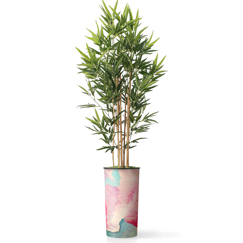Arbre artificiel en pot de soie artificiel en bambou contemporain, Bleu sarcelle et rose