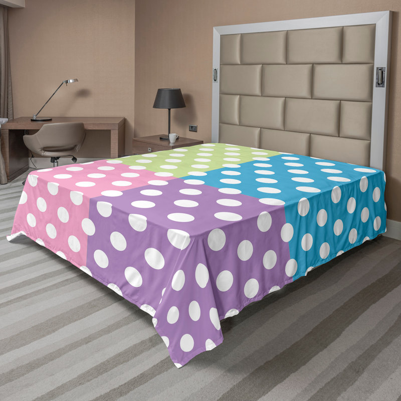 Ambesonne Top Flat Sheet Royal, Pink Blue Green Polka Dots 6, King Flat Sheet