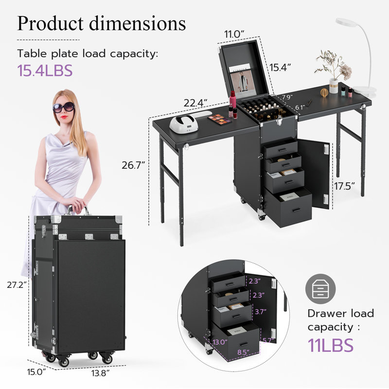 Professional Portable Makeup Trolley, Multi-Functional Nail Double Table with Drawers and Mirror, Travel Cosmetic Case for Beauty Salons, Black Aluminum Rolling Makeup Train Case