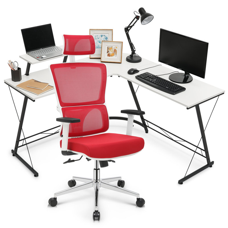 Bureau d'ordinateur en L et chaise de bureau en L pour bureau à domicile, Rouge / blanc, Noir / blanc